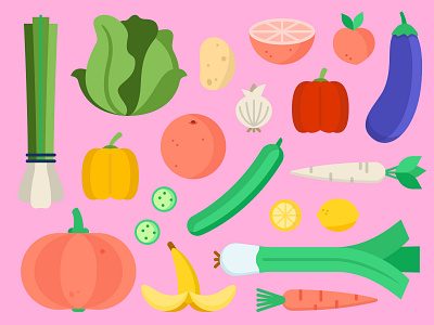 Food banana bulb cabbage carrot cucumber eggplant flat fruit illustration leek lemon onion orange paprika peach potato pumpkin vegetables
