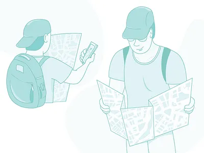 Illustrations of tourists backpack illustration map search tourism tourist travel travel app traveller vacation vector wayfinder wayfinding