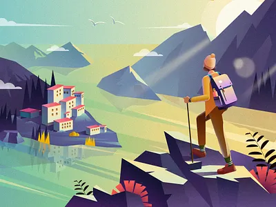 Mountain and sea beauty comfortable design explore hike illustration mountain mountaineering quiet sea sun rise sunny travel view