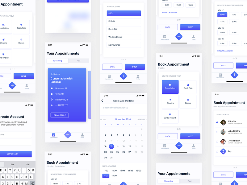 Adobe Live Stream adobe app application appointment book booking booking form calendar card dentist doctor livestream schedule tabbar time tooth treatment uikit visit xd