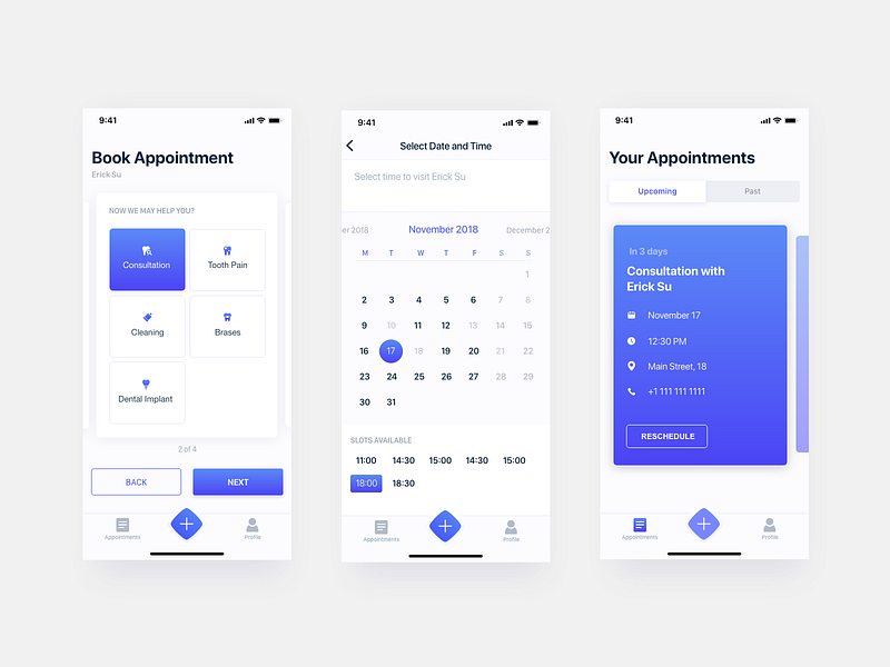 Adobe live stream adobe adobe xd app application appointment book booking calendar card clinic consultation dentist event gradient ios meeting mobile schedule tooth treatment