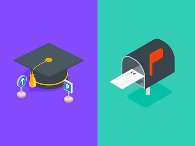 Illustrations • Ornikar 2018 Rebranding design system graduation hat illustration isometric isometry mail mailbox student toys