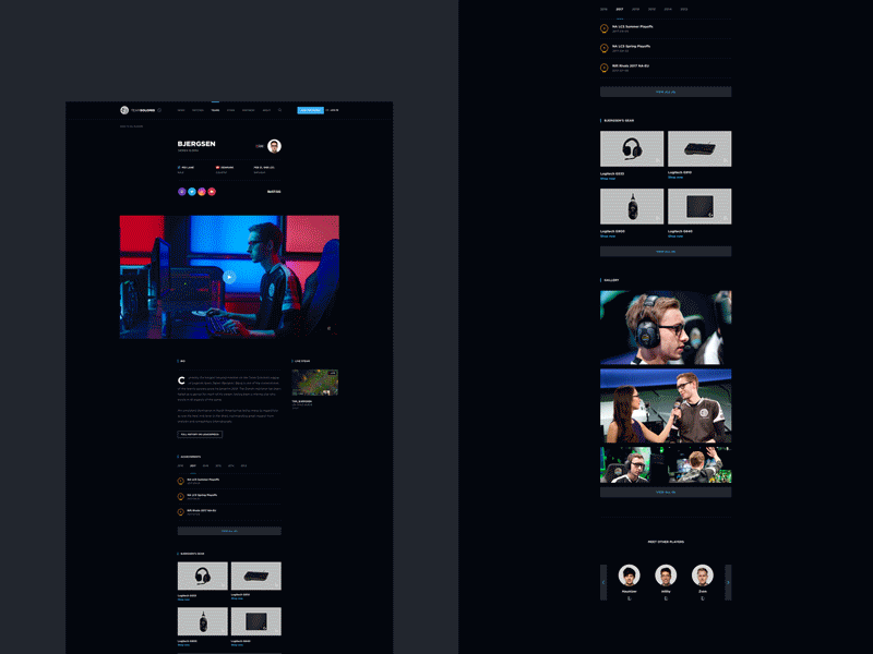 TSM Website Concept - Player Detail achievements bjergsen cover video dark interface dark ui dark web dark website esports esports player esports team gamer gaming gaming team gear player player detail setup team detail team solomid tsm