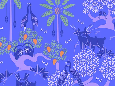 Jungle Mural animals birds bunnies crane deer illustration illustrator india jungle love mango monkey mural palm tree palms pattern peacock rabbits trees