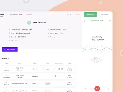 Tellq: calls section agent call centre calls centre contact crm customer enterprise hang up history saas support web app