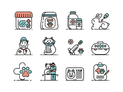 12 Veterinary & Pet Care Icons bicolor consultation filled outline icons illustration insecticide pet care pet vaccination prescription vet vet business vet sign veterinarian veterinary