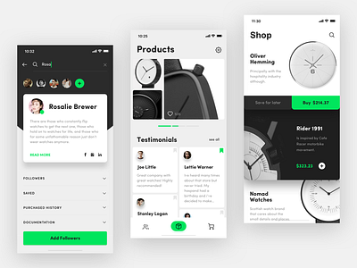 Watch store app black white concept design green ios minimal mobile ui ux watch app