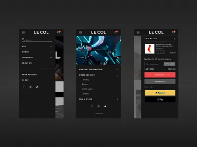 Le Col Mobile cycle dark e commerce minimal mobile mobile menu shopify sport wiggins