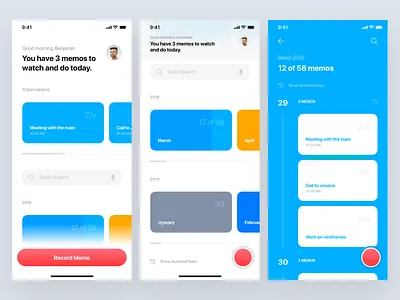 MemoTap • Video Reminder App account app blocks calendar dashboard interface ios mobile organizer profile progress bar record reminder task manager tasks tiles to do ui ux video