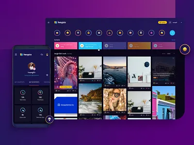 Heypix - Enjoy and share contents dark mode illustration landing page photo uploader sketch ui ux website