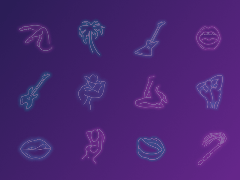 Hot Neon Icon Set animation girl guitar hot icons lips naked neon neon colors neon light palm palm tree principle principleapp rock and roll sketch