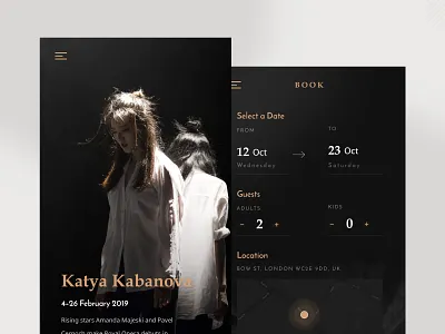 Ballet performance booking app ballet book app booking dark gold serif ui