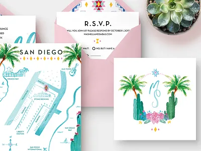 Southwest Wedding Reception Invites cactus envelope flower illustration invite map morrocan palm tree print rsvp southwest stationary watercolor wedding