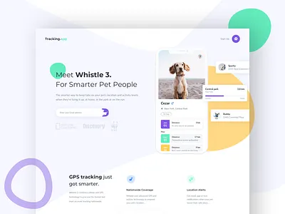 Pets tracker animals clean colors creative design dog landing page pet smart ui ux web