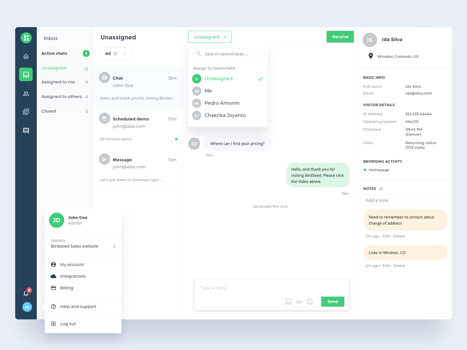 Example of Birdseed inbox chat interface