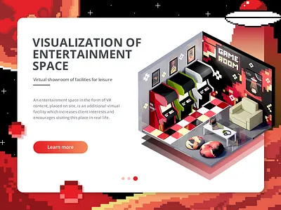 Game room application design exterior game icon illustration interior isometric landing page modelling red typography ui vector