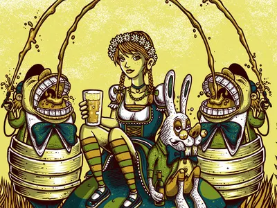 Alice in Oktoberfest alice in wonderland beer art concert poster gigposter hand drawn illustration poster printmaking rock poster screenprint triptych