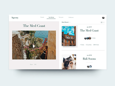 Tapestry Stories app data design experience design list view minimal people platform profile saas stories travel typography ui ux design