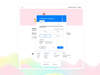 Help Page & Time Scheduler Pop-Up Form [Harmony][4] 2018 blue calendar call form form elements information loading next options pastel colors pink pop up window scheduler steps uid uxd