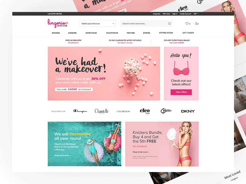 Lingerie Outlet Store carousel clean design ecommerce instagram feed logo carousel modern product card product design shop ui ux web design website