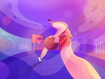 Hero illustration basketball cards chart commentary design gradient graph homepage illustration pie player run running score social stats