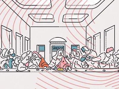 The last slice character festive food greggs illustration james oconnell jesus last supper lines minimal pastry thumbprint
