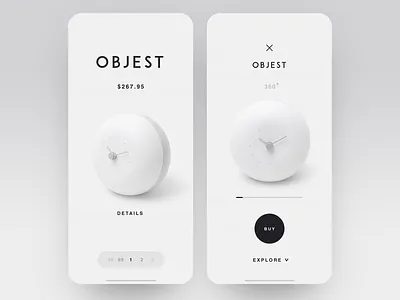 Objest Clock app applicaiton application design application ui black white clean clean creative clock ecomerce item item card luxury minimal minimalistic product shop shop app shop design ui ux