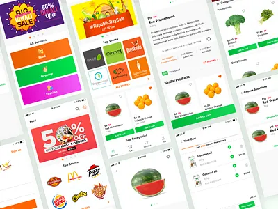 Aladin's Chirag Part: 01 business cart delivery ecommerce app food grocery app list login offer product details rating service shop shopper store ui ux