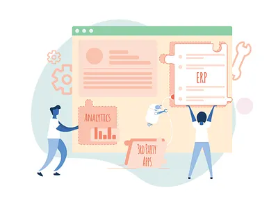 Integration analytics automation character crm design erp icon illustration landing page platform product sales ui vector