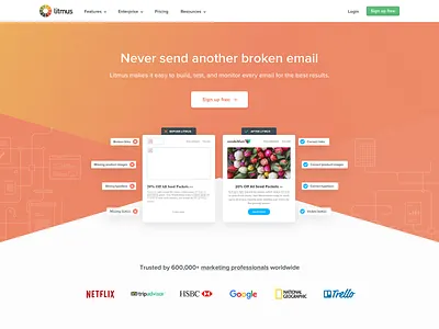 Litmus Home Page 2018 app diagonal email gradients hero landing page litmus ui design website