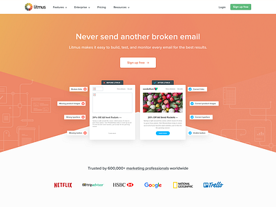 Litmus Home Page 2018 app diagonal email gradients hero landing page litmus ui design website