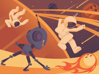 Postcard promotion 2 astronaut bowling errortracking planets robot saturn sentry space