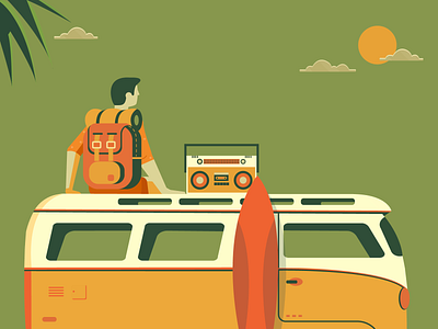 Let's Travel adventure beach illustration nature poster roadtrip summer sun surfboard tape recorder travel trees vacation van