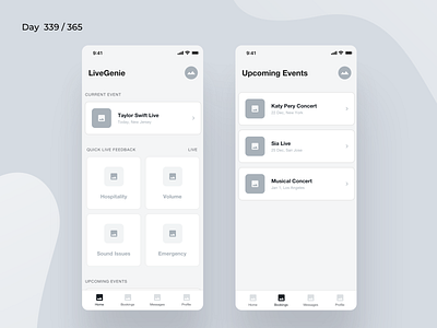 Live Events Feedback System | Day 339/365 - Project365 app design daily ui design challenge events feedback management ios live live event feedback live show management minimal mobile app mobile ux project365 ux wireframe wireframe wednesday wireframing