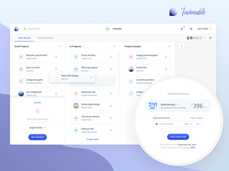 Invocable - Collaboration mode alexa builder collaboration constructor dashboard dashboard design desktop drag n drop echo show interface kanban kanban board purchase team board template builder text editor ui voice voice interface vui