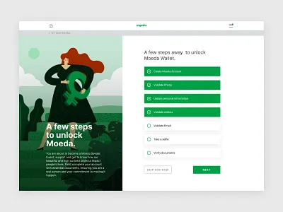 Moeda KYC coin crypto crypto currency crypto exchange desktop enter green illustration key know kyc landing page moeda steps tasks ui unlock wallet website