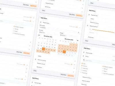Filter UI app calendar card checkbox clean date picker date range date selector filtering filters finance modal search slider ui ux web