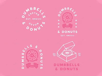 Dumbbells & Donuts badge branding colour design icon iconography illustration lettering lockup logo logotype shape stamp texture typography vector