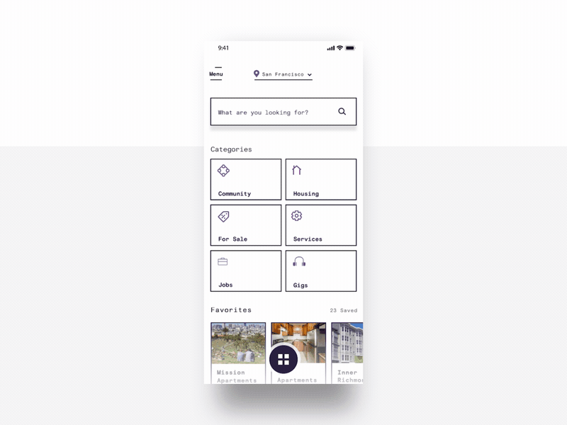 Onload Craigslist App Concept after effects animation app app animation app concept brutalist craigslist home screen login minimal branding mobile app design motion onload peace sign purple san francisco search typography ui design ux vector