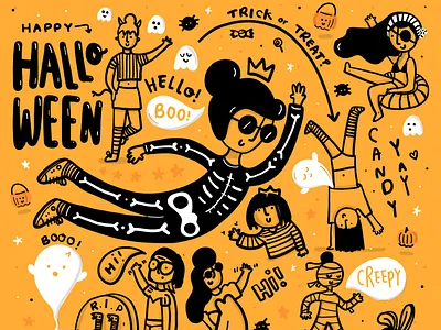 Halloween illustration black and white branding character design character illustration children illustration comic design digital art doodles drawing freelance funny girls halloween design illustration ipad pro lettering sketch typography vector