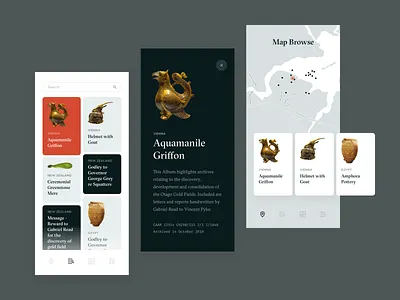 Museum Collections Mobile app archive artifact black catalog clean collection contrast map minimalist mobile museum relic search white