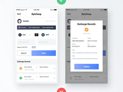 byteswap Currency Exchange Page blockchain blue card type exchange fail have in hand list state success ui 数 设计 黑色