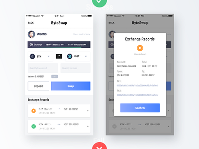 byteswap Currency Exchange Page blockchain blue card type exchange fail have in hand list state success ui 数 设计 黑色