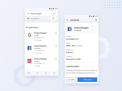 Job List & Job Details Screen - App Design 2018 design trend 2019 design trend android app app design app screen clean app design ios app iphone app job app job details job list job listing job search minimal app design mobile app mobile design ui design ux design
