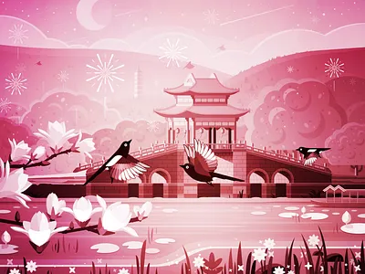 Summer Palace New Year illustration animal bird bridge building design fireworks illustration lake lotus love magnolia flower magpies moon ship shooting star the new year the summer palace tower trees