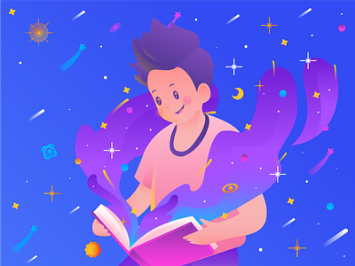 Books Website Illustration book app book art charactedesign character design flat design flat illustration gradient graphic header illustration purple space vector