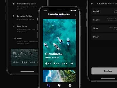 Desitnations black dark ios mobile app sketch sport travel ui ux visual design