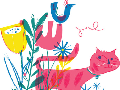Cat And Flowers bird cat cat illustration childrens book illustration color flowers link loose