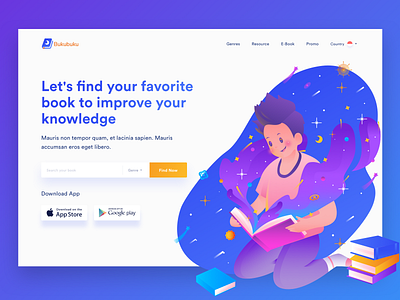 Bukubuku - Header Illustration Exploration for Books Website book app bookshop character character design character illustration design flat illustration gradient header illustration landingpage purple space ui vector web website