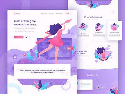 Boostr - Social Media Engagement Booster Landing Page character girl header header illustration illustration landing page pink purple social media trend 2018 ui web website